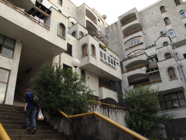 Our lodgings were up on the 2nd floor. The building here took quite a pounding during the 1990s war.