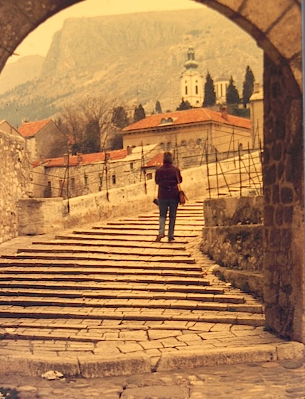 Bev on the Mostar Bridge in 1972. Crossing from west to east. 