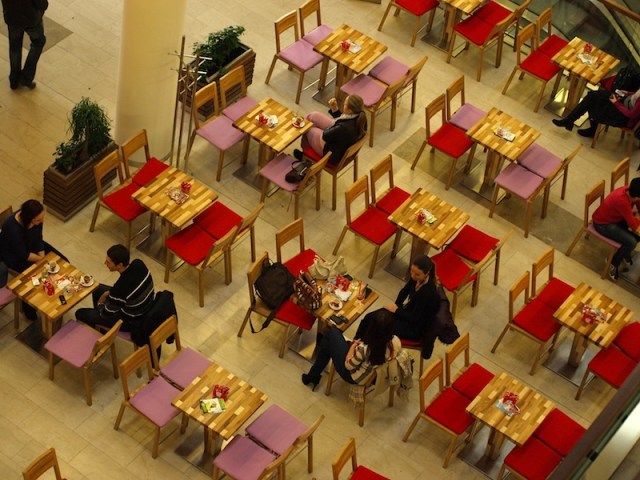 New things in Sarajevo, like this café in the shopping complex, are colourful. 