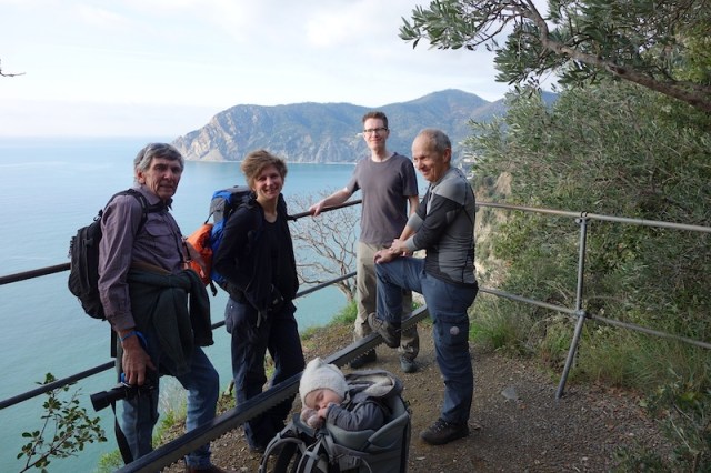 Our Swiss friends Rahel, Michi, Peter and Sweet Emma (who is sound asleep) on the trail between Vernazza and Monterosso.