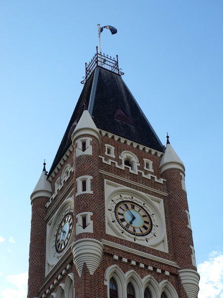 Perth Town Hall spire. Note the broad-arrow loopholes. This style is classified as Victorian Free Gothic. 
