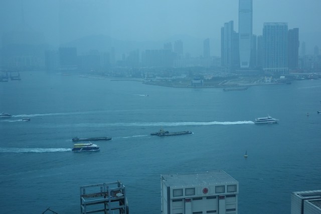 Thick atmospheric view across Victoria Harbour from our Hong Kong hotel. It is well documented that breathing air like this is detrimental to one’s health. 