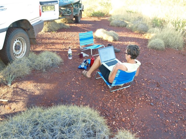 Blogging in the spinifex at day’s end WA. 