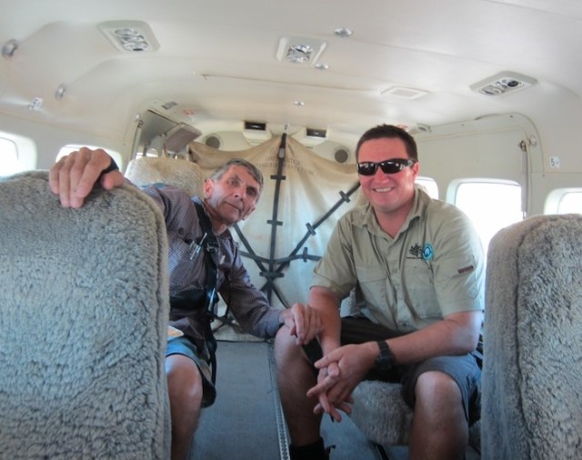 Tim and I in a twin-engine aircraft on our way to work on an outer island. Tim established a community garden and greenhouse and I did pottery with island children on this trip. 