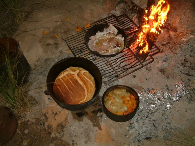 Have bush tucker like this? Camp oven bread, fish just off the hook, vegies and potatoes in the coals. 