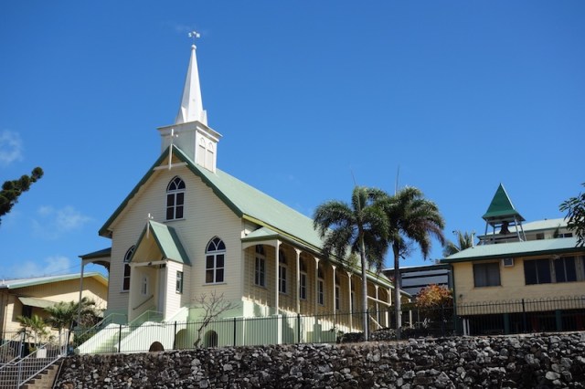 Our Lady of the Sacred Heart Church TI. Not all churches are built on a hill but if it is possible to get your church up there on one it has the advantage of being seen and this is the case here as it dominates the main shopping area.