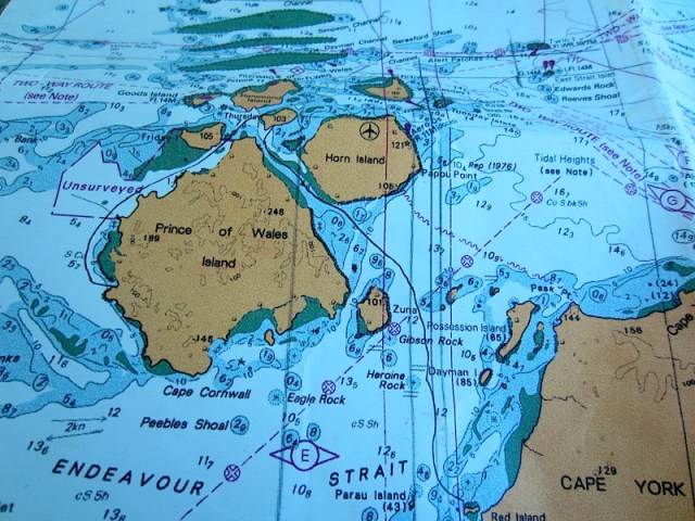 Endeavour Strait is clearly marked at the bottom of this nautical chart. Possession Island is to the northeast of Heroine Rock in the centre of Endeavour Strait. 