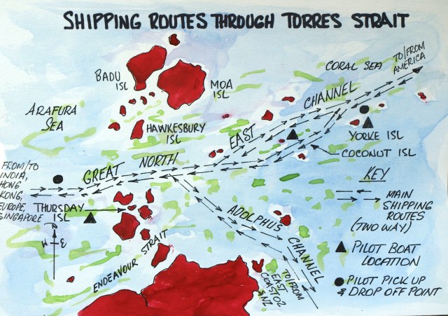 Deep water shipping channels through Torres Strait. 