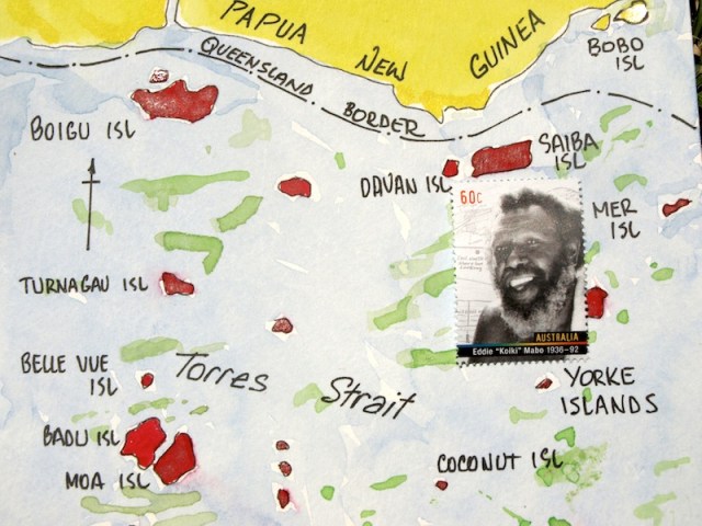 Eddie Mabo as depicted on an Australian stamp 2013. Eddie Mabo’s homeland, Mer Island, is shown on the right hand edge of the map.