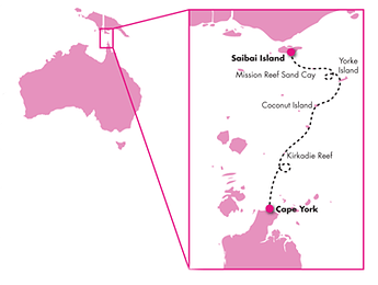 The kite surfers’ route through Torres Strait. Coconut Island is about two thirds along the way. Map courtesy McGrath web page. 