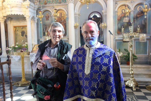 Yours truly with Potamos priest Petros Mariatos in the Church of Lariotissa at Potamos. 