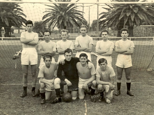 The multinational soccer team in Tamworth. Aleko, second from right back row and his brother John on his left. 