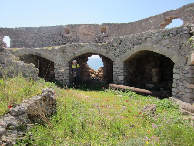 Looking seaward through a hole in the fortress wall at Avlemonas.