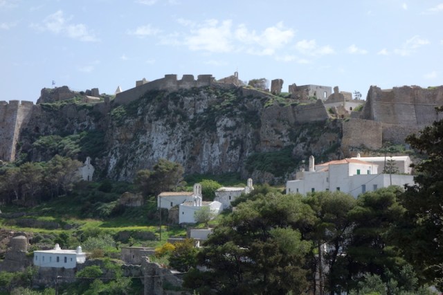 Chora Castle looking down on Chora. 
