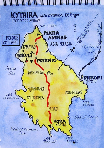 The capital of Kythera is Chora/Hora. From Stavli to Potamos it is about 5km and from Potamos to Chora is 19 kms. 