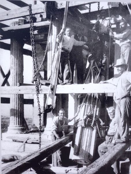 Restorations 19th century-style and they were still using levers, pulley blocks, rollers and chains. 