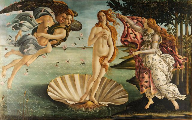 The Birth of Venus (Roman name for Aphrodite). Painted 1484-1486 by Sandro Botticelli (1445-1510). The scallop-shaped shell she is standing in represents a vulva. Image in the public domain. 