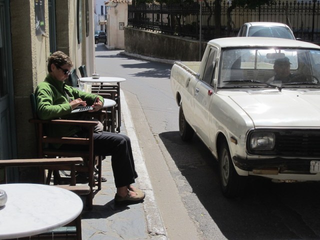 Bev checking emails and keeping her toes in.