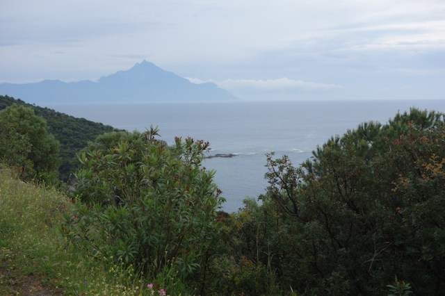 Mt Athos (2030m) in the distance on the most eastern finger. 