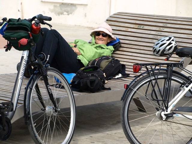 Bev taking rest on one of the beautifully sculptured benches at the port end of Thessaloniki. 