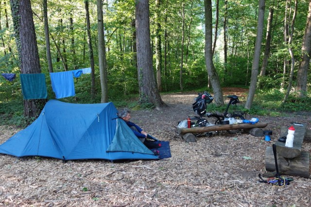 Our Gasi camp, a delightful spot except for the constant motorway drone. 