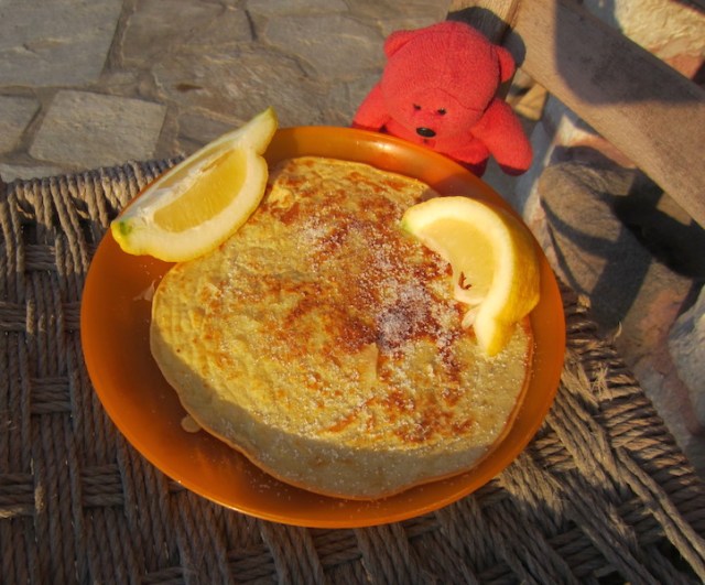 Homemade pancakes with lemon juice and sugar. 