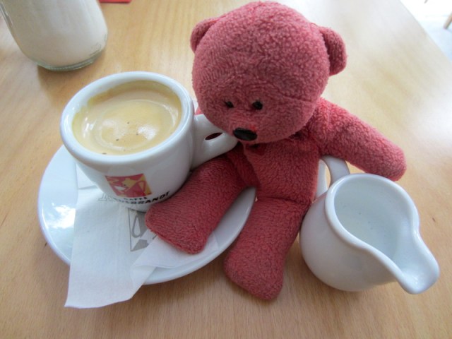 Greek espresso coffee comes in small cups. One gulp and it’s gone. Bev drinks full strength and I drink decaf. 