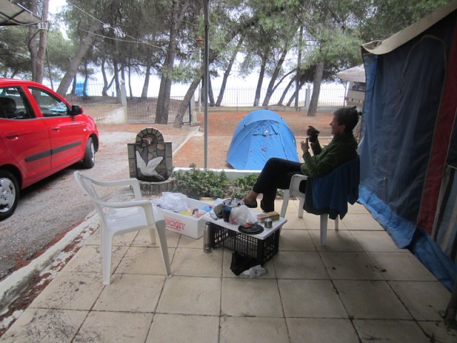 Our cooking and dining area under a caravan awning. We were grateful to the owners for the awning as it sheltered us from the rain. 