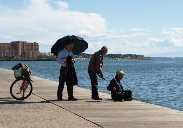 Catching sardines. The two gentlemen standing were encouraging the fisherman to keep at it.