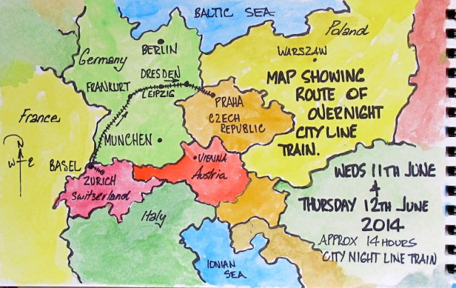Map showing the route of the Zurich to Prague City Line train. 