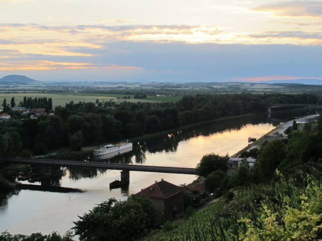 Looking down the Elbe River and a tourist boat moored for the night. 