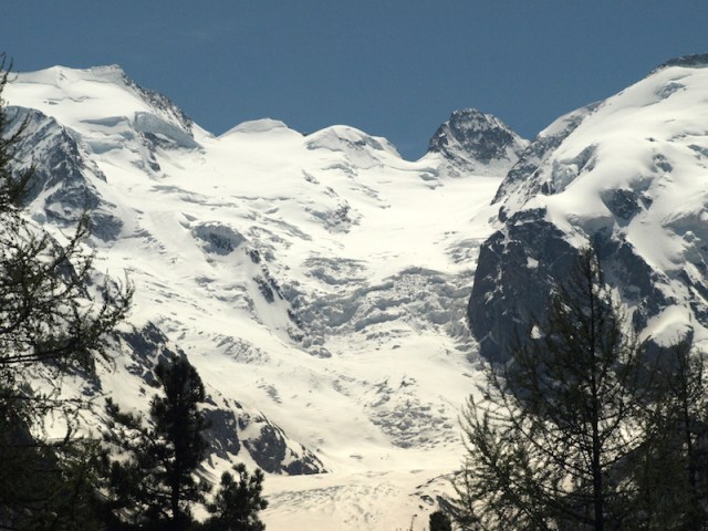 The Morteratsch glacier. The glacier face is the vertical face of ice to the left of the cliff face middle right. 