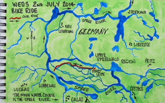 Map showing the Spreewald waterways and our camp at Calau (bottom middle of map).
