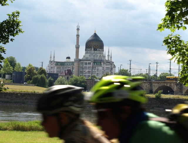 A view of the Yenidze cigarette factory from the bike path. One particular quirk about the building is the minarets are in fact the factory smoke stacks. 