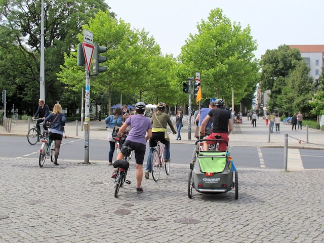 Bev lining up with the locals and waiting for the go from the ‘ampelmann’. Ampelmann is the name given to the stop/go symbols at the traffic lights. 