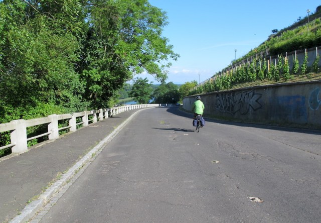 Bev gliding down the bike path (closed to vehicles) to the Elbe River immediately after leaving Melnik town. 