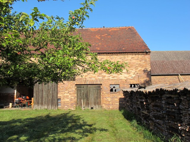 Rear of the barn on our friend’s farm. On the right is a very serious looking woodpile, an indication of winter temperatures. On the left is an orchard of pears, apples and walnut trees. 