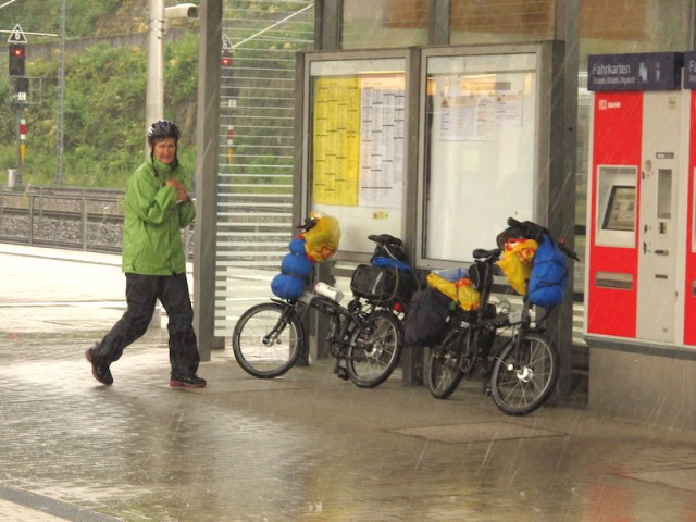 Seeking shelter at Bad Schandau railway station. 