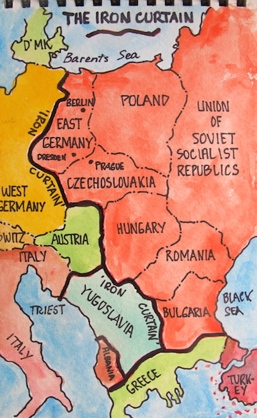 Iron Curtain map. The heavy black line indicates the position of the Iron Curtain. 