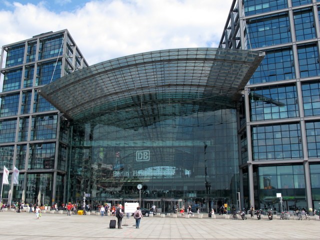 Entrance to the Berlin Main Station. Over 1800 trains call at the station per day and the daily number of passengers passing through is estimated to be at 350 000.