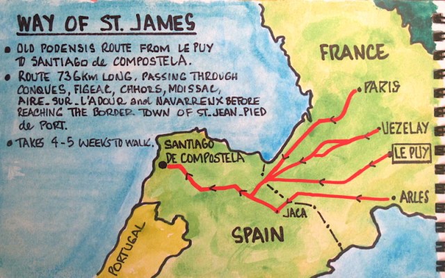 Map showing the pilgrimage routes to Santiago de Compostela. 