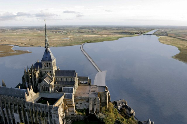 Looking over Mont St Michel and up the Couesnon River.
