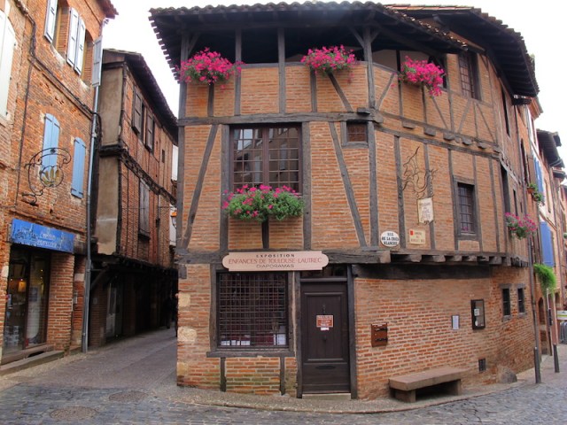 Half-timbered terracotta brick infill house in the medieval town of Albi.