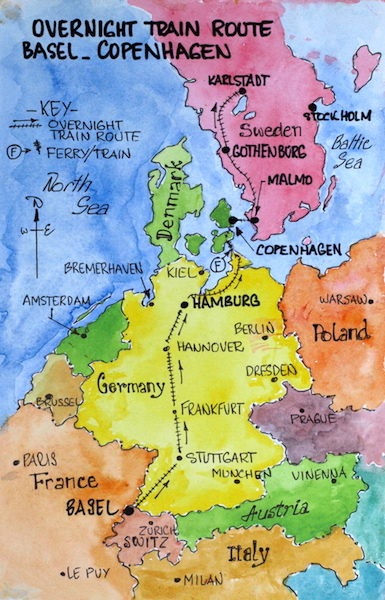 Map showing our train journey from Switzerland to Sweden. 