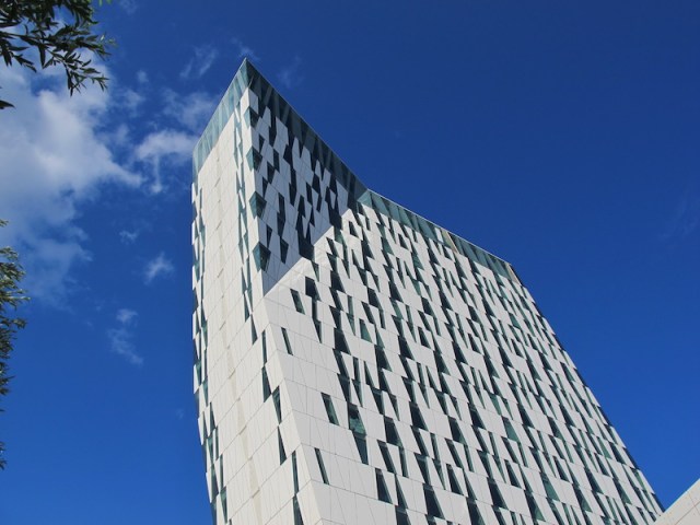 Reaching for the sky. When the clouds moved above the Bella Sky it felt like the building was falling. 