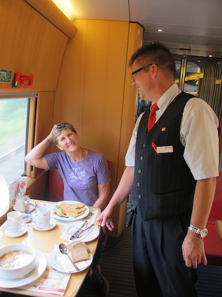 Friendly German waiter on a train trip to Munich. 