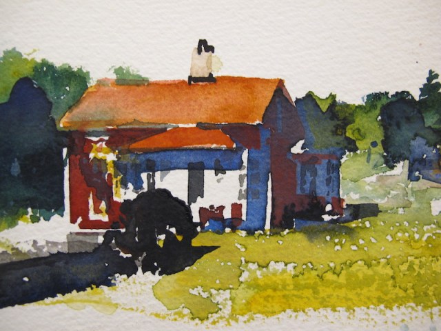 Watercolour painting of a simple Swedish cottage by Lars Lerin. 