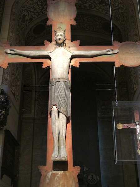 The earliest triumphal cross from the 1200s. The crown Jesus is wearing here tells us he is king. 