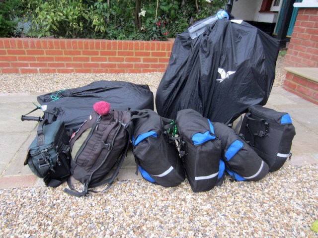 The sum total of our gear: four small paniers, two bikes, two small backpacks and a camera bag. 