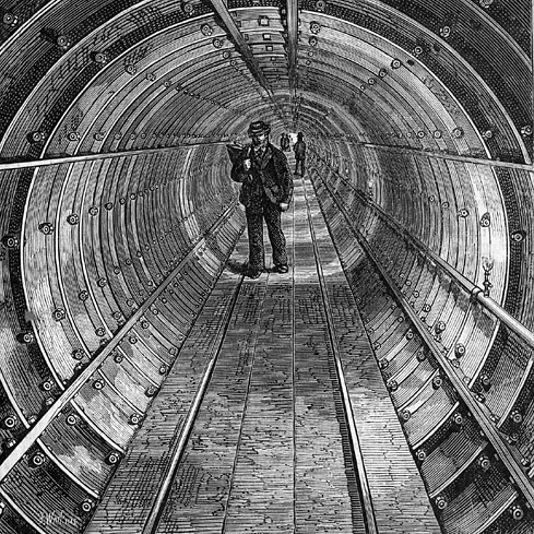 Section of Tower Subway, showing tubular construction with segmental cast-iron rings. Image in the public domain.